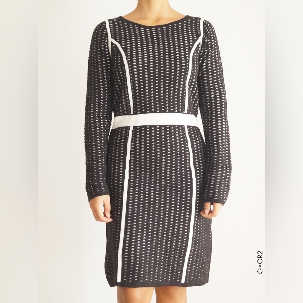 Calvin Klein Knit Black White Long Sleeve Sweater Dress,Size XL
